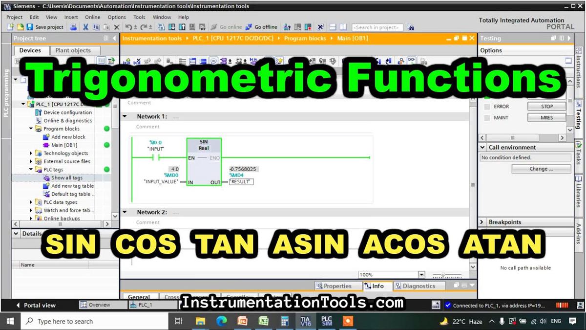 'Video thumbnail for Trigonometric Function in S7 1200 PLC - SIN, COS, TAN, ASIN, ACOS, ATAN'