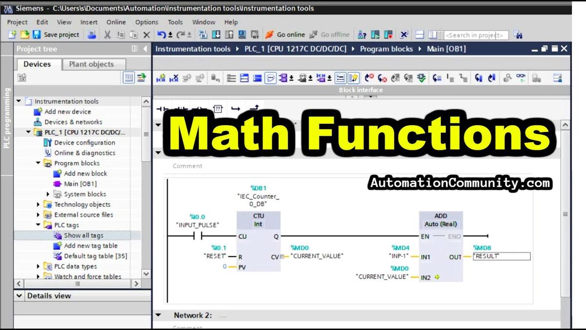 'Video thumbnail for Siemens Tia Portal - Math Functions - ADD, SUB, MUL, DIV - PLC Training'
