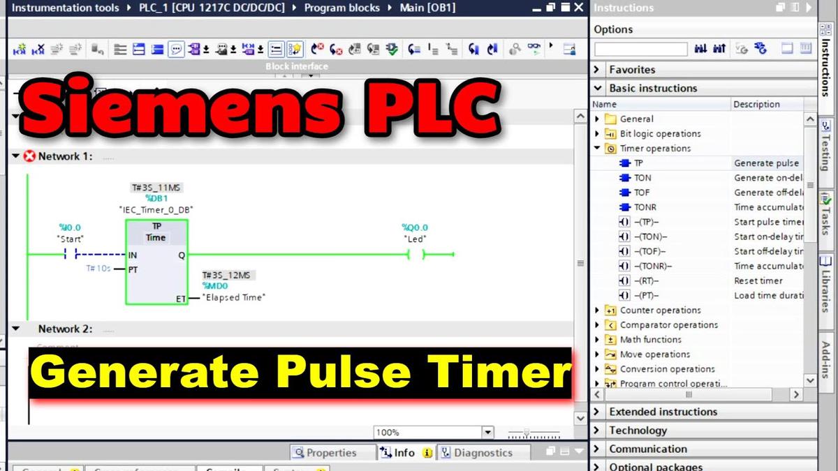 'Video thumbnail for Generate Pulse Timer in PLC - TP Timer Instruction - Siemens Tia'