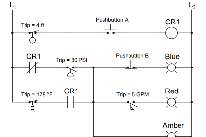 Determine the statuses of all lamps and relay coils in the circuit