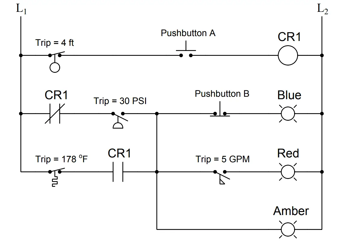 Determine the statuses of all lamps and relay coils in the circuit