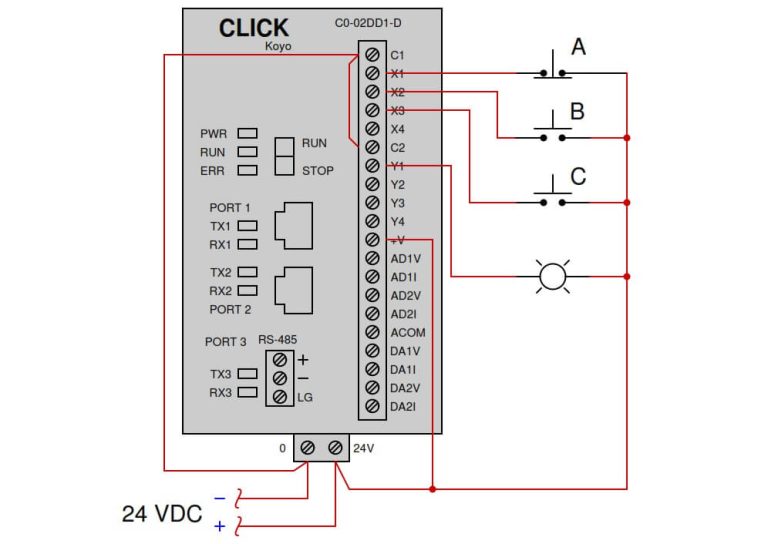 PLC connected to Three Pushbutton Switches