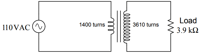 Calculate the source and load currents in this transformer circuit