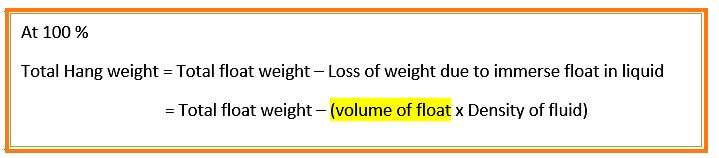 Displacer Level Transmitter Formula at 100 % weight