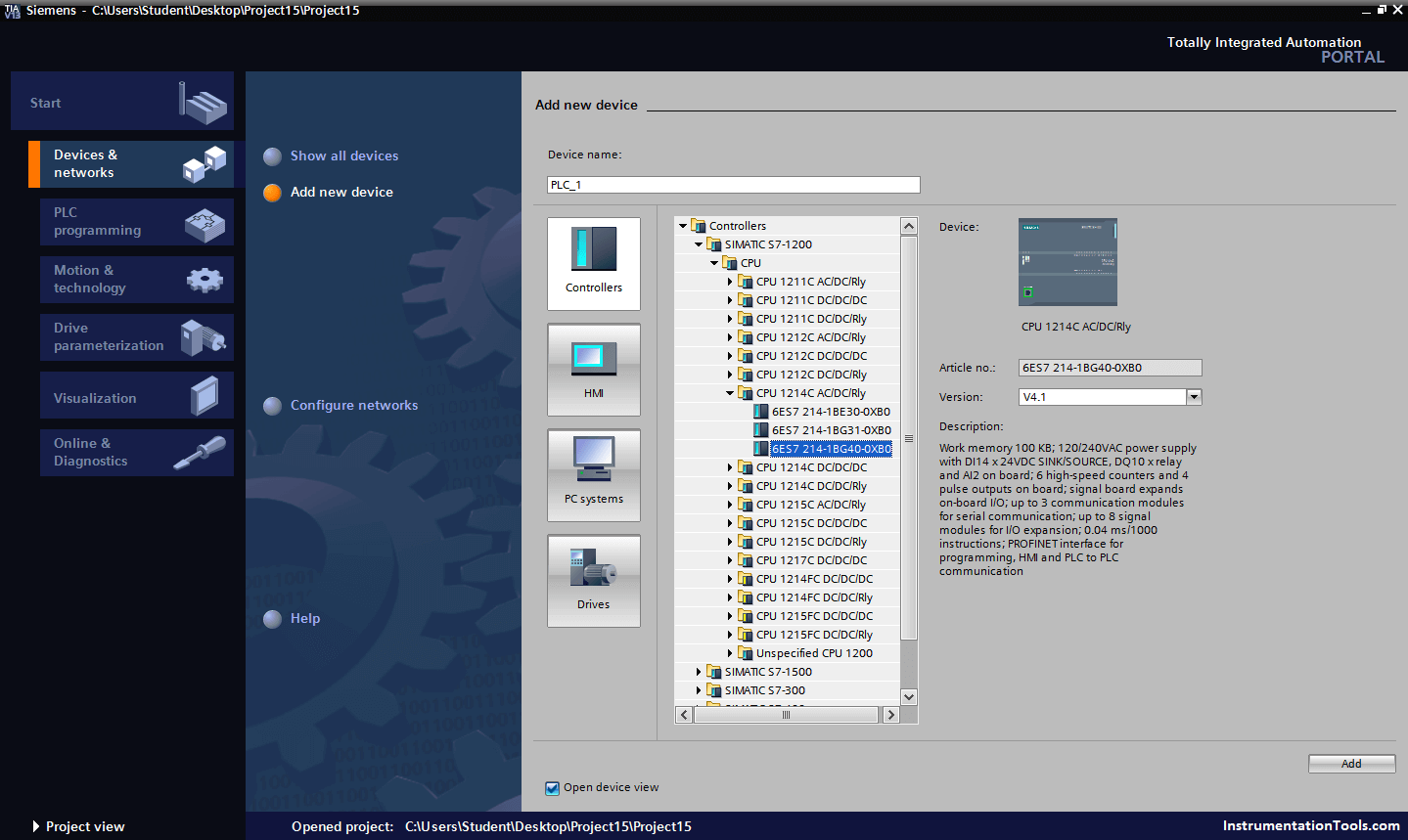 Siemens S7 1200 PLC configuration in TIA Portal | InstrumentationTools