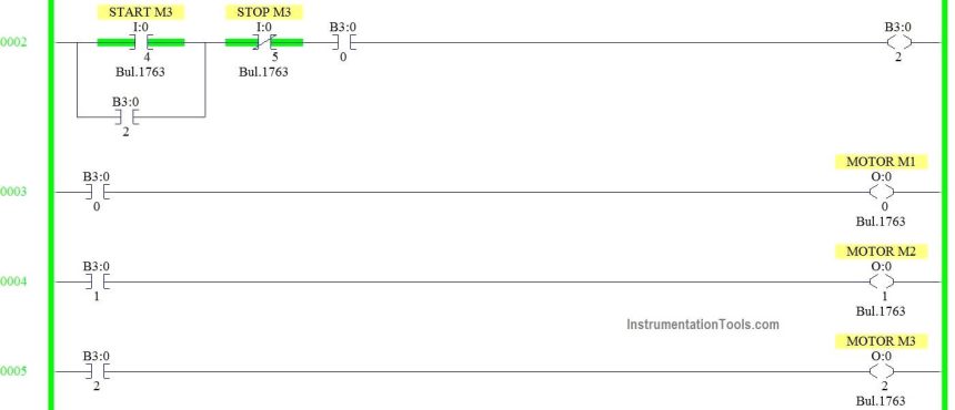PLC Programming for 3 Motors control in Ladder logic