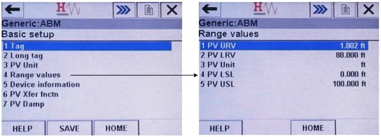 HART Communicator Range Values Screen
