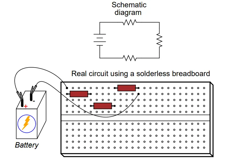 Resistor circuit built on a breadboard