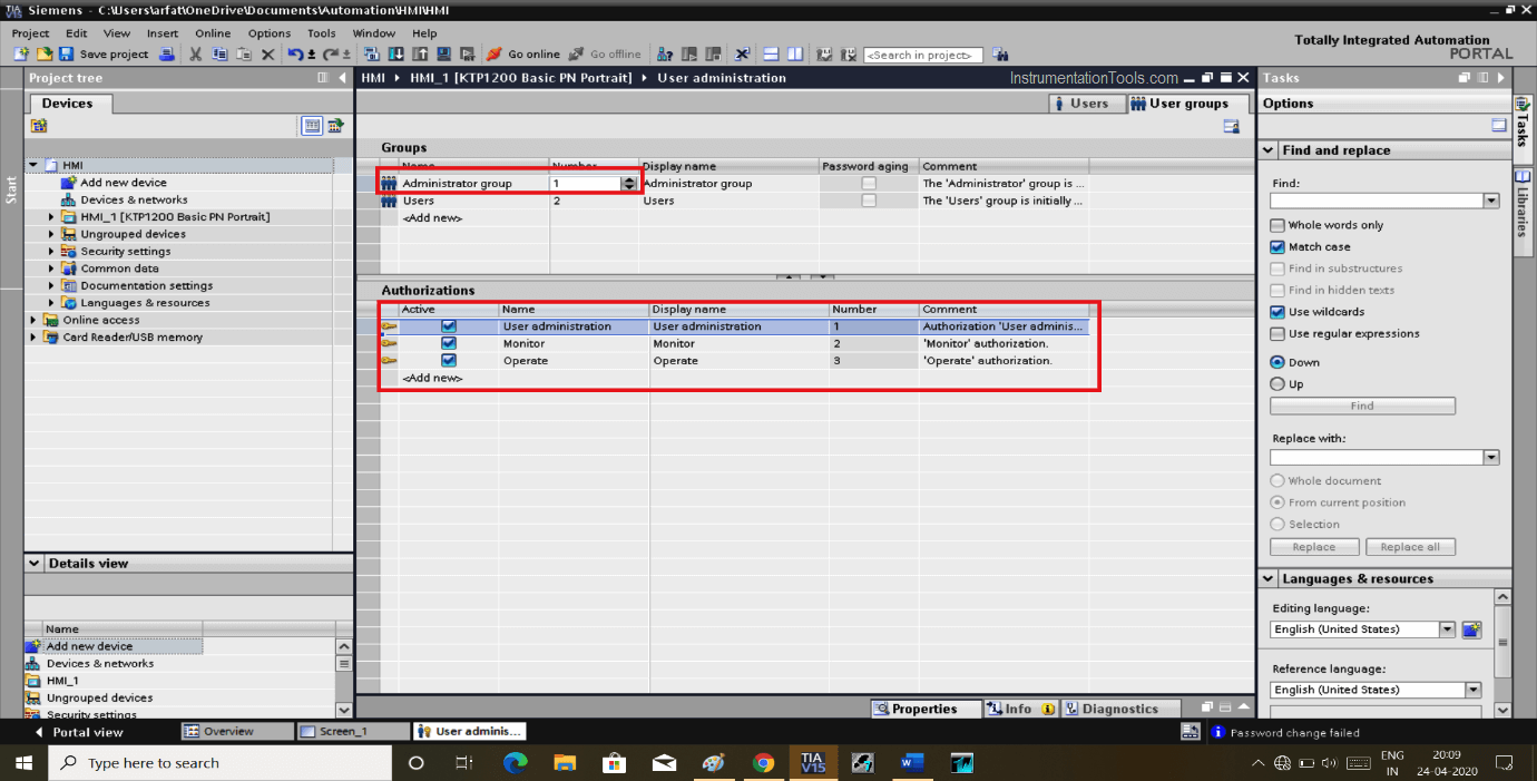 How to set password in TIA portal