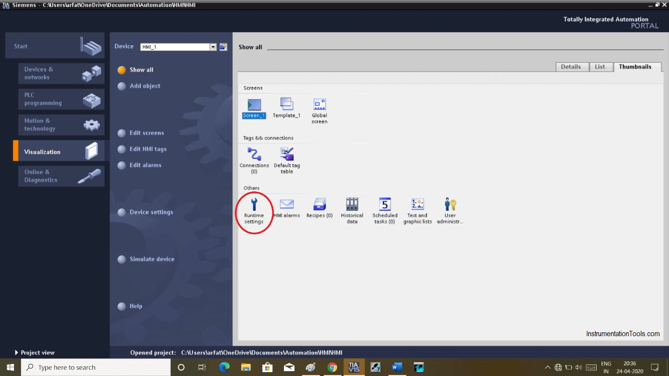 Runtime Settings in TIA portal