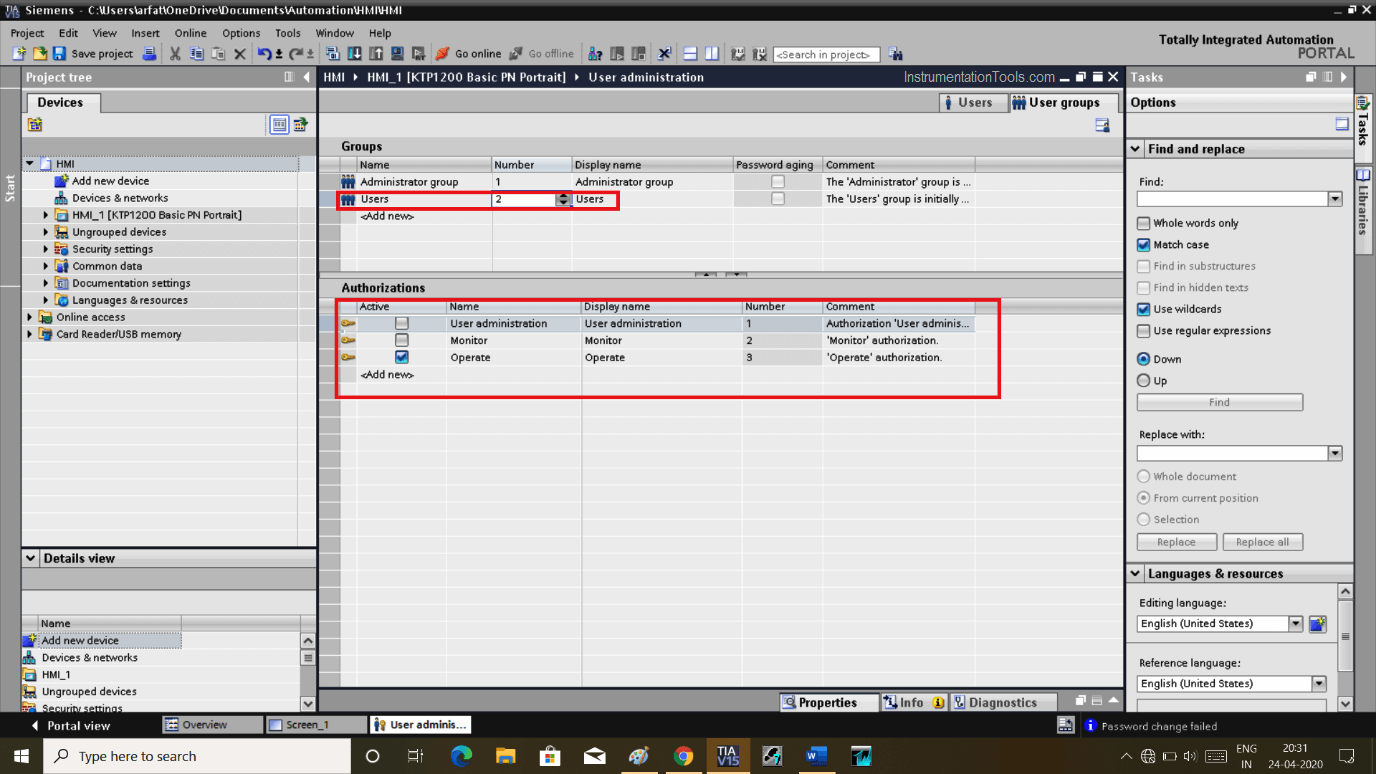 Tia Portal project HMI user password