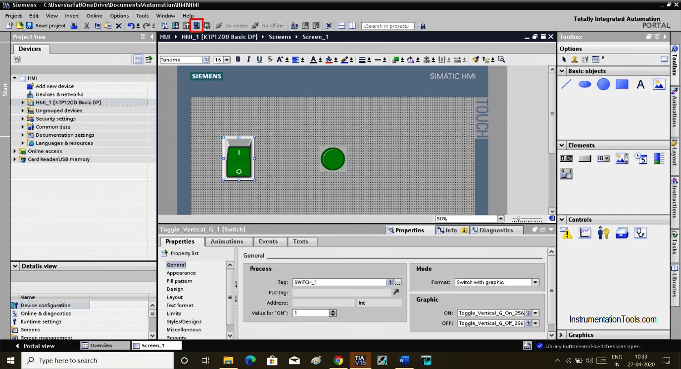 Simulation icon in HMI Software