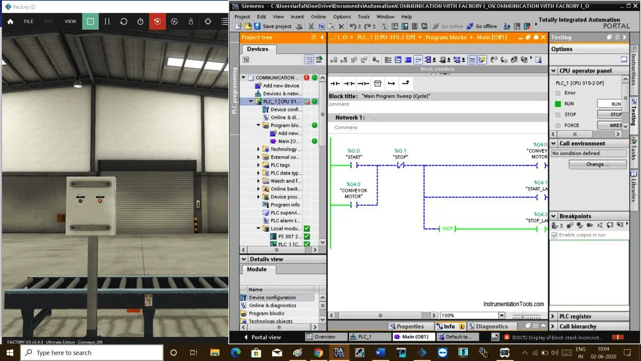 Communication between Factory IO and Siemens Tia Portal