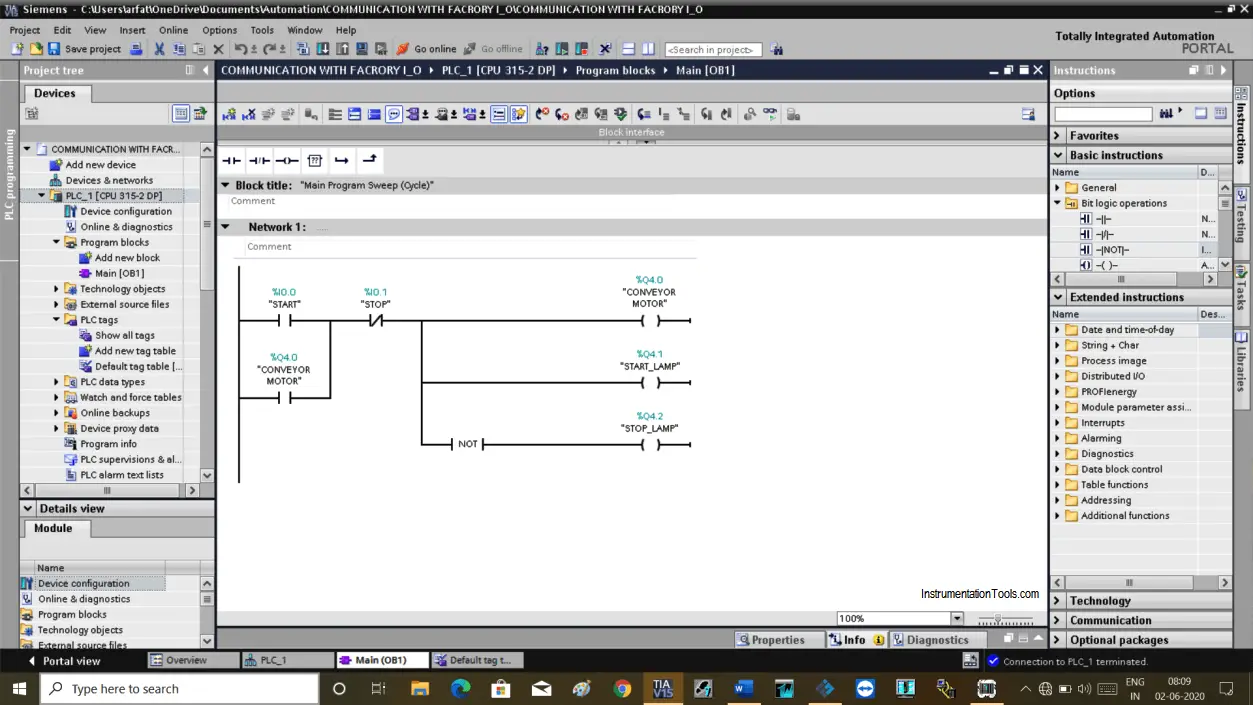 PLC program to turn on the conveyor