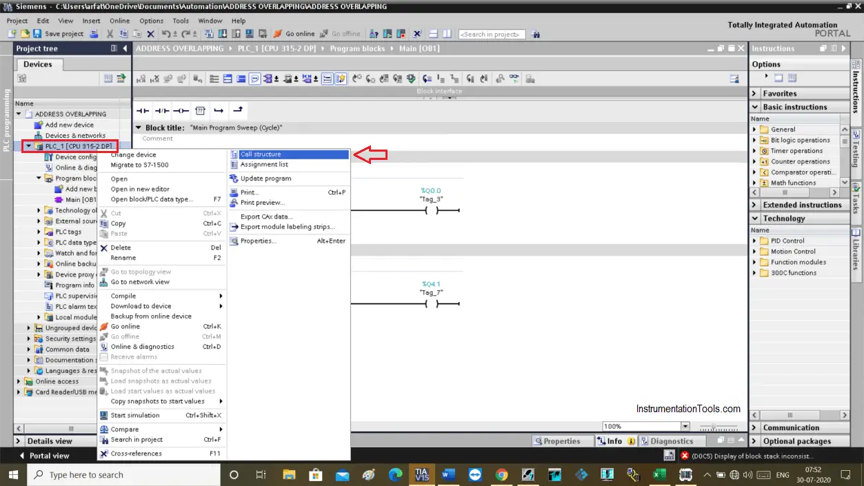 Call structure in Siemens PLC