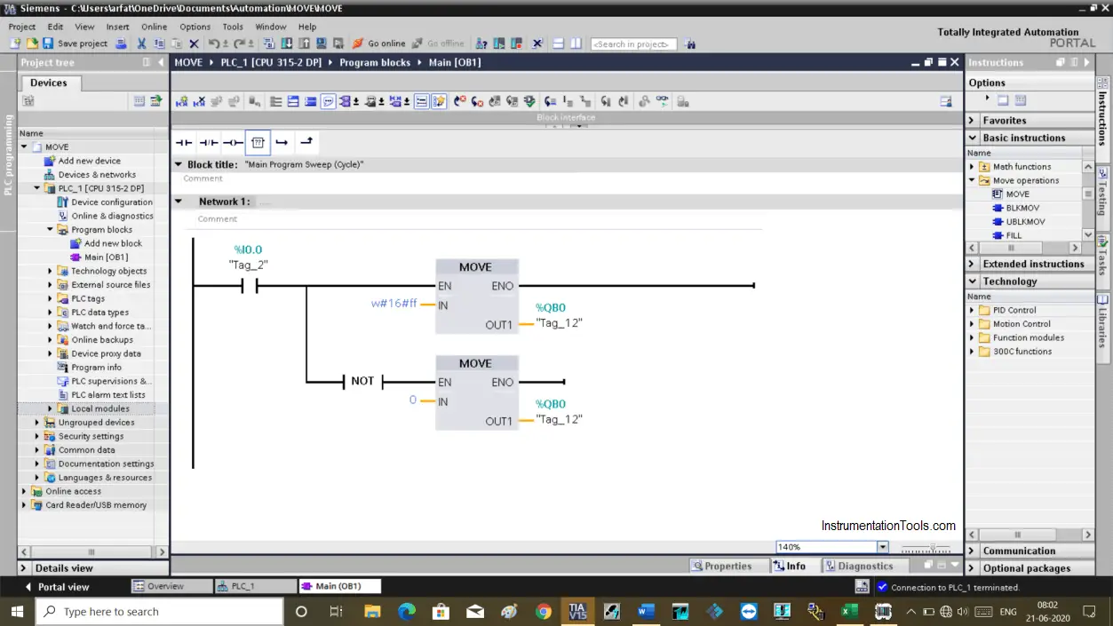 Move Instruction in Tia Portal InstrumentationTools