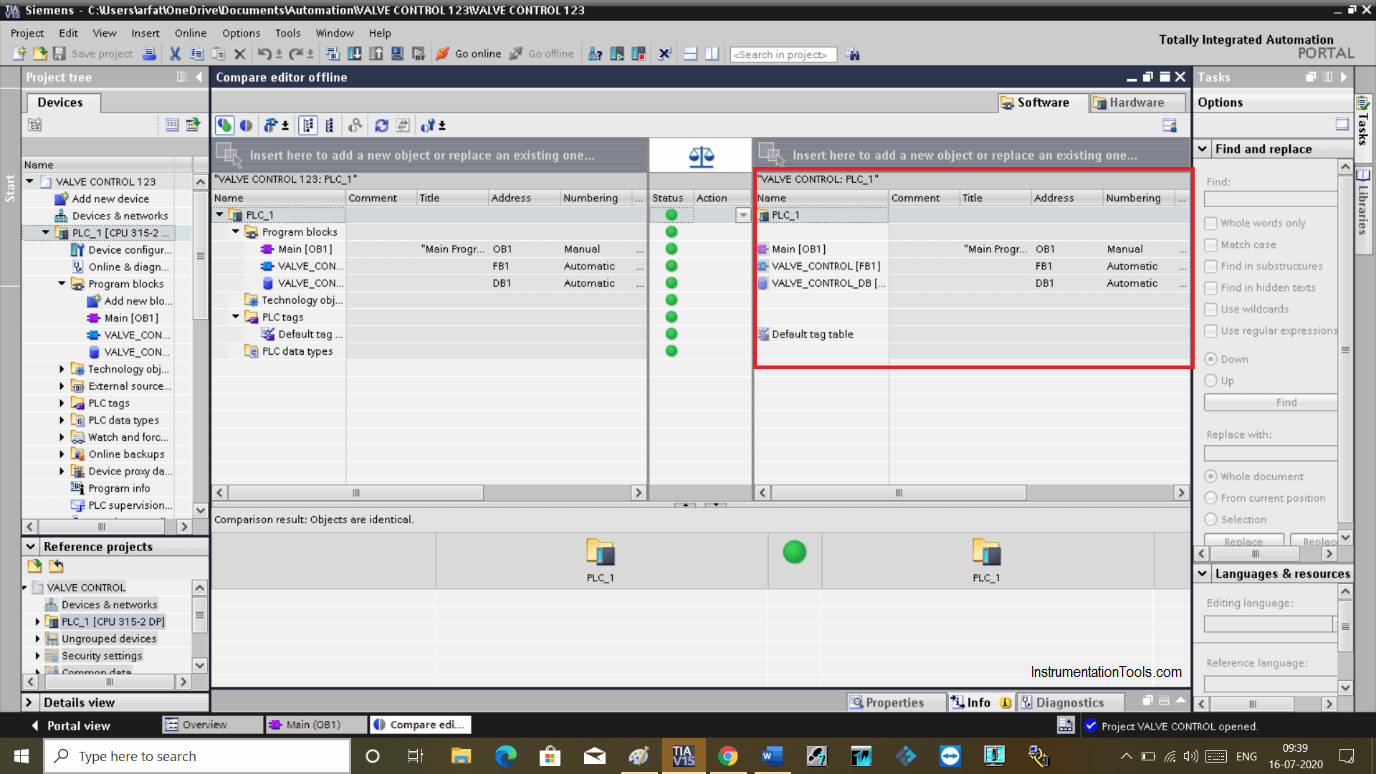 PLC offline data of a project are compared