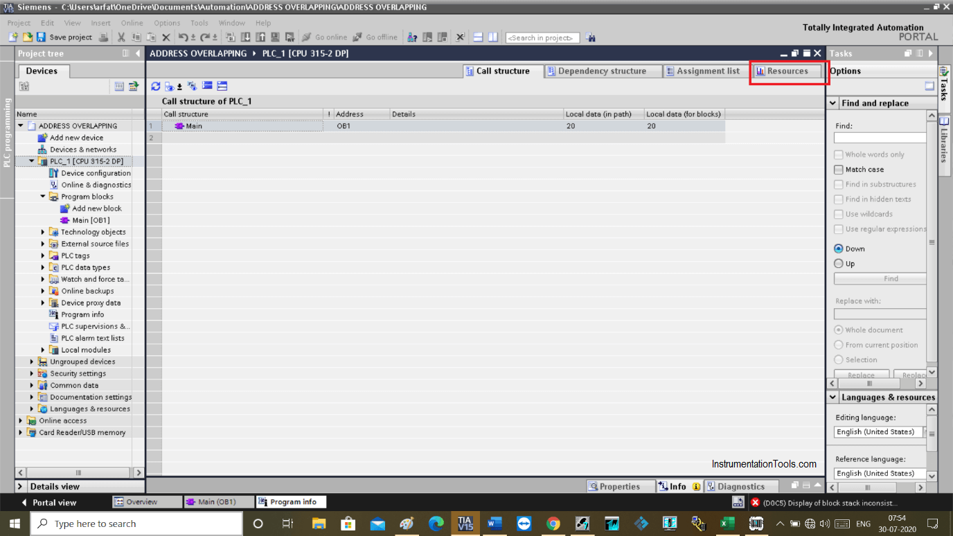 Resources Tab in Siemens PLC