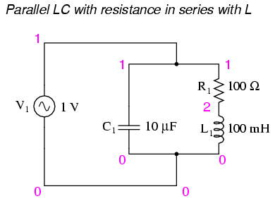 Parallel LC circuit with resistance in series with L