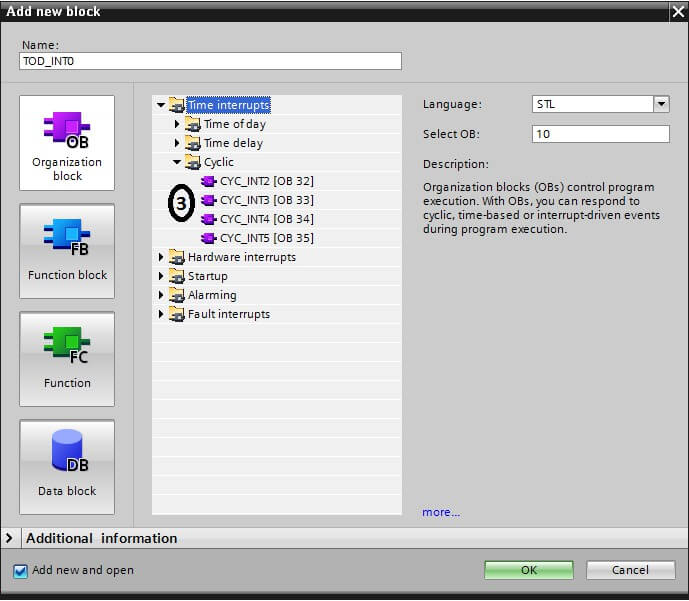 Select any interrupt in Tia Portal