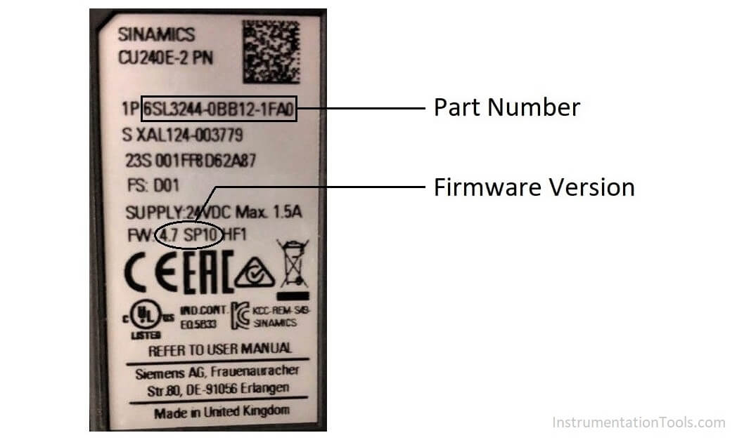 Siemens VFD Drive Firmware Version and Part Number