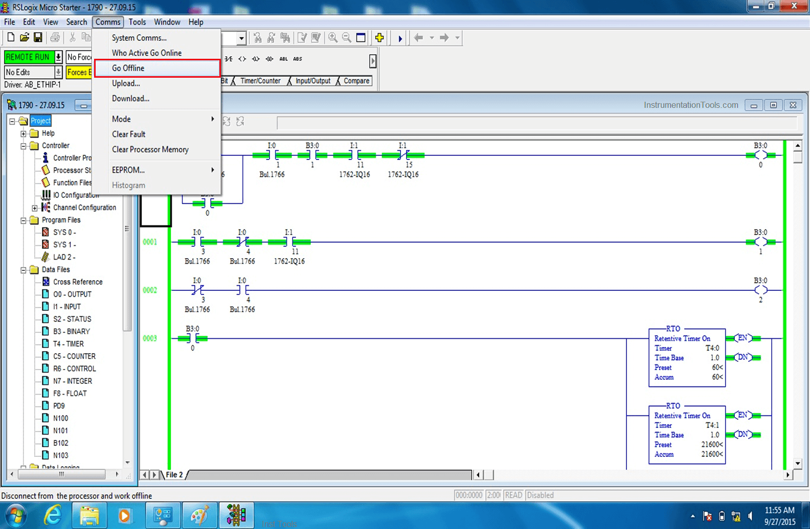 Go Offline in Allen Bradley PLC Software