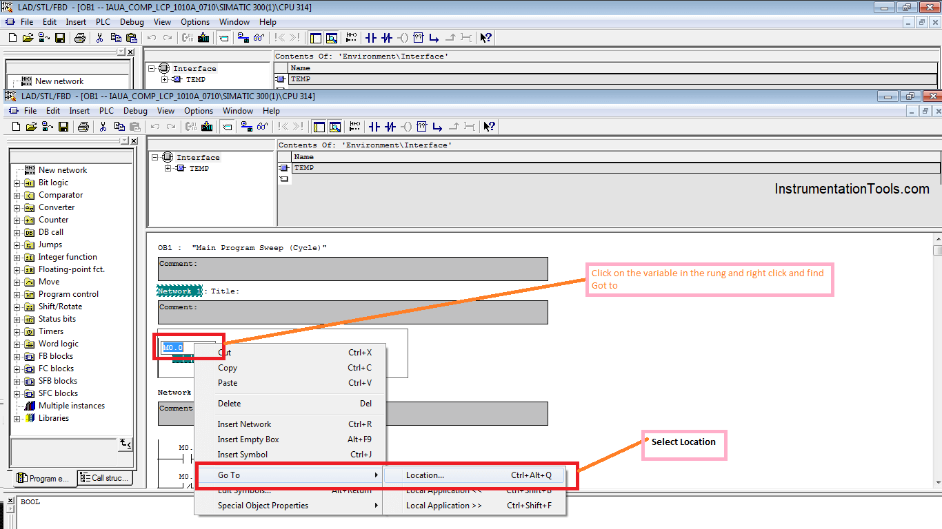 Click on the variable in the rung and right-click on it.