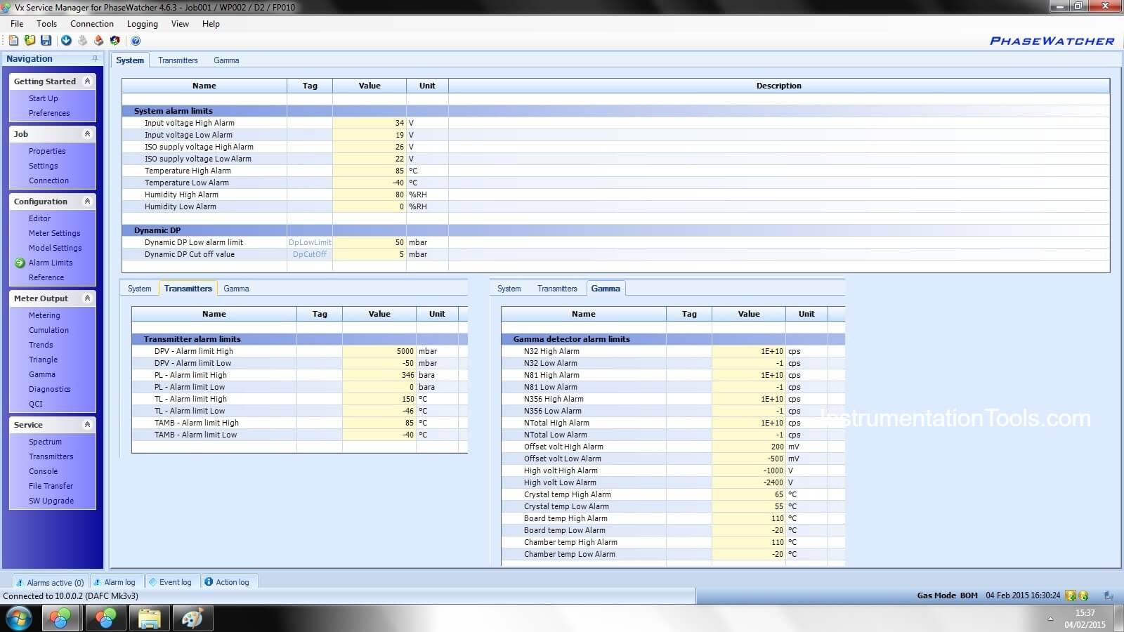 MPFM Gamma Detector Alarm Limits