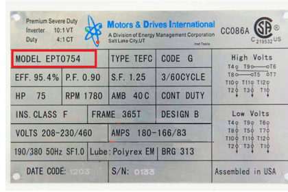Electrical Motor Model number and serial number