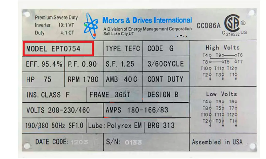 Electrical Motor Model number and serial number