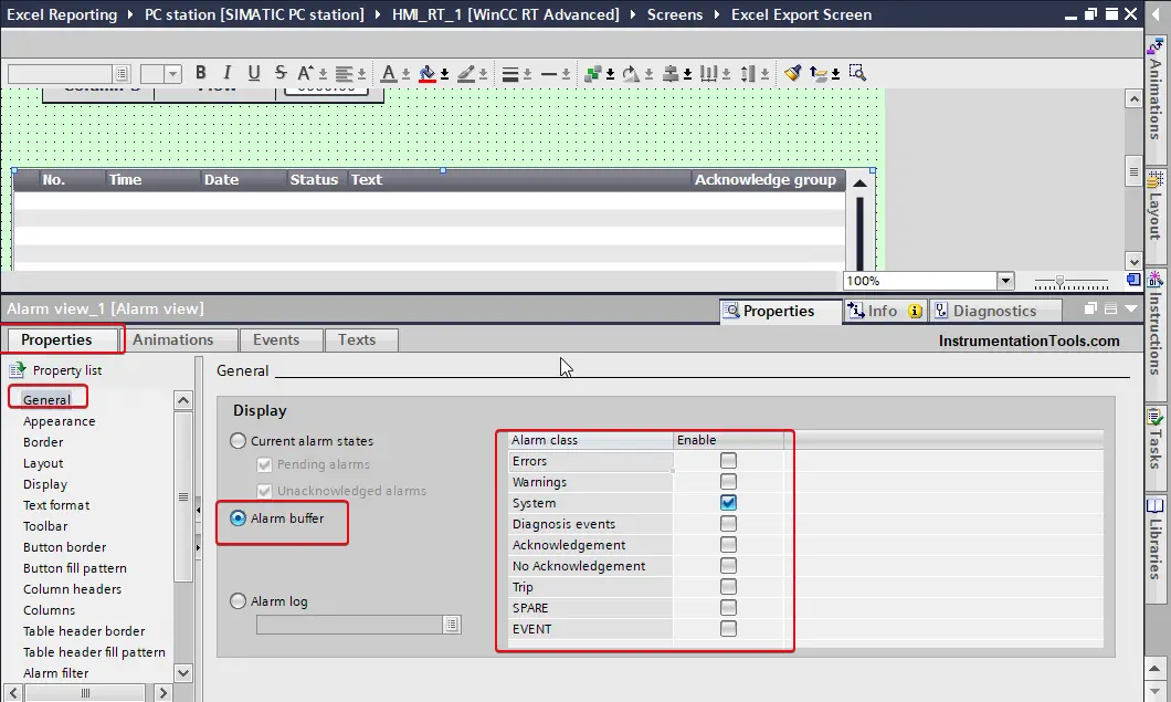 Configure the Alarm window in WinCC Scada