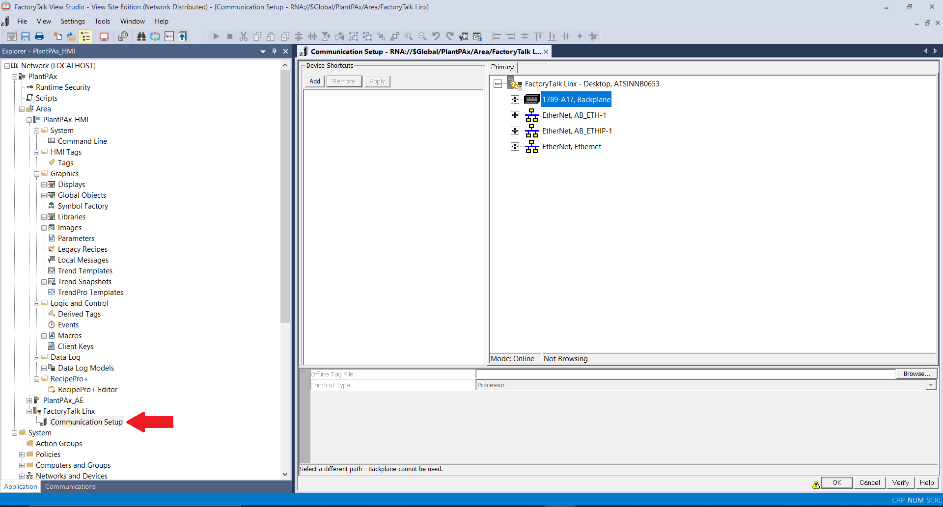 Communication Setup in Factory talk Linx