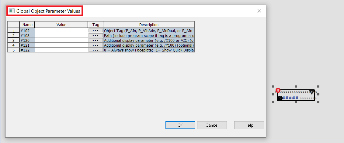 Global Object parameter values.