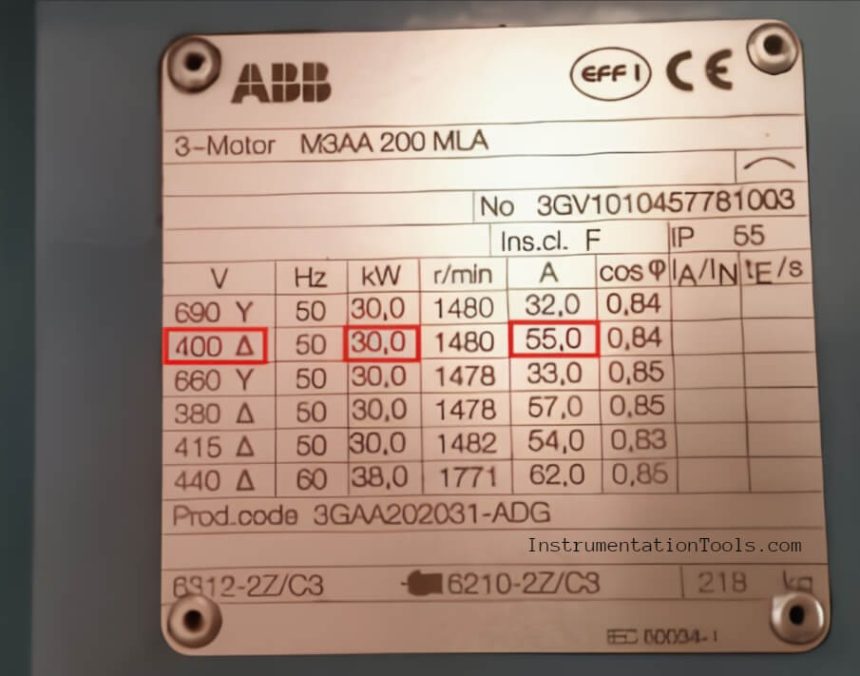 Three phase induction motor nameplate