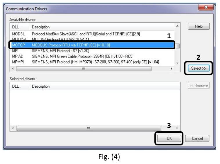 select the Modbus RTU driver via TCP