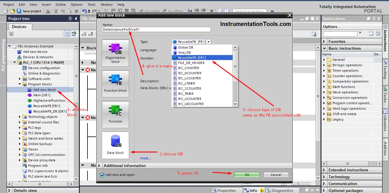 Create a new data instance in Siemens PLC