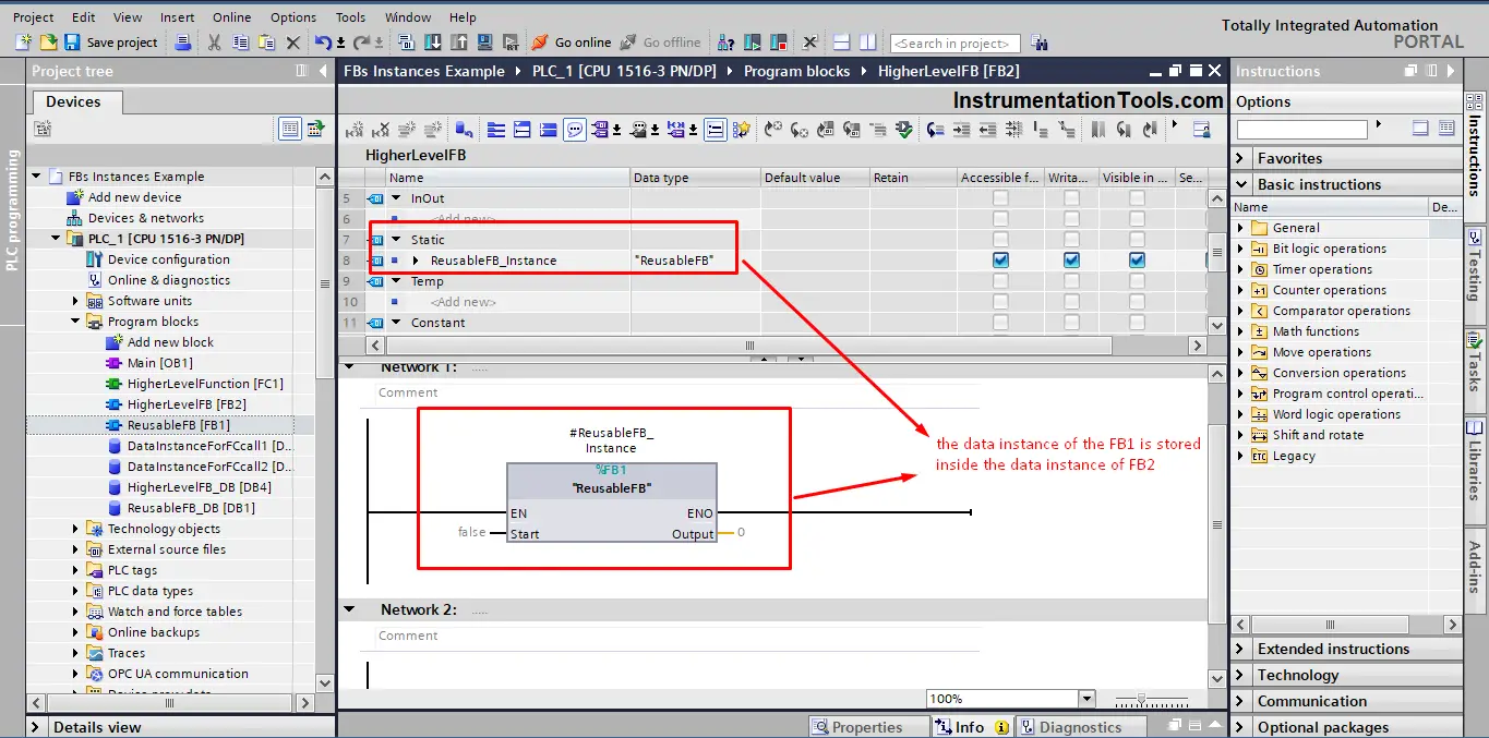 Example of calling two instances of the same Function Block in Siemens TIA Portal