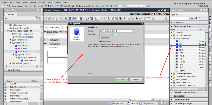 On Delay Timer TON in Tia Portal