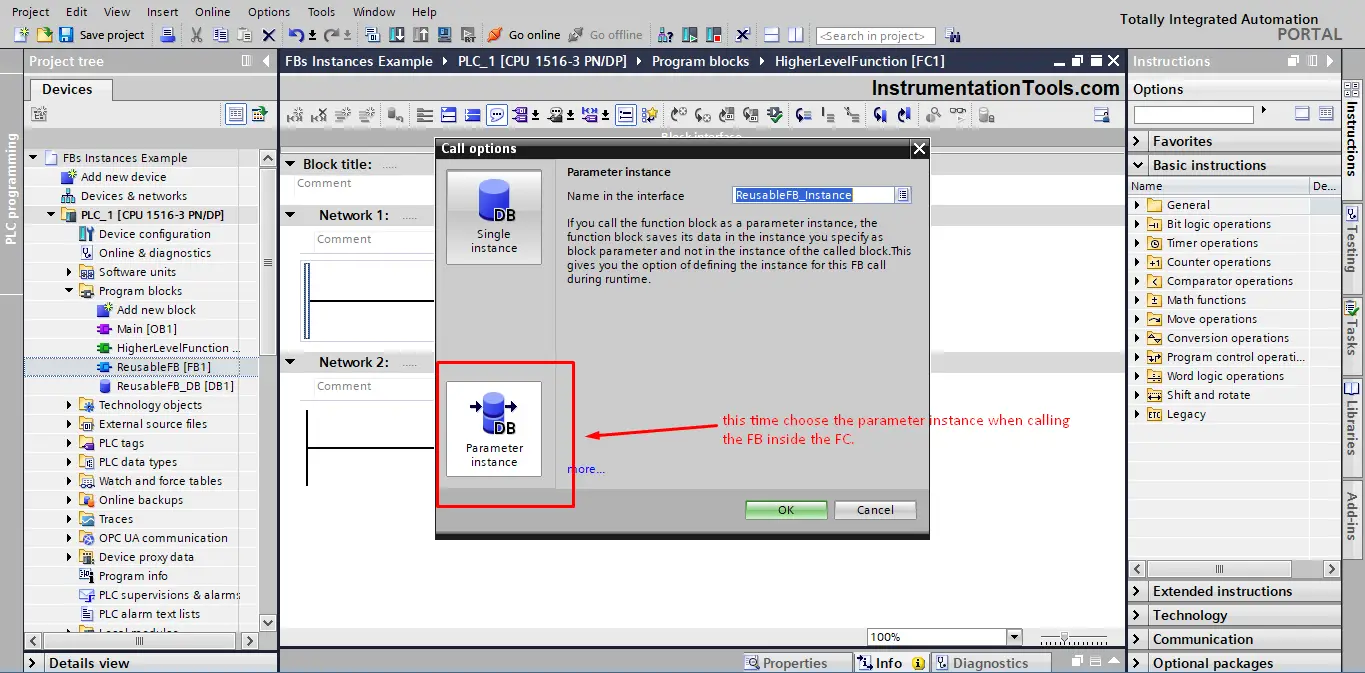 PLC Assign parameter instance when calling an FB inside an FC