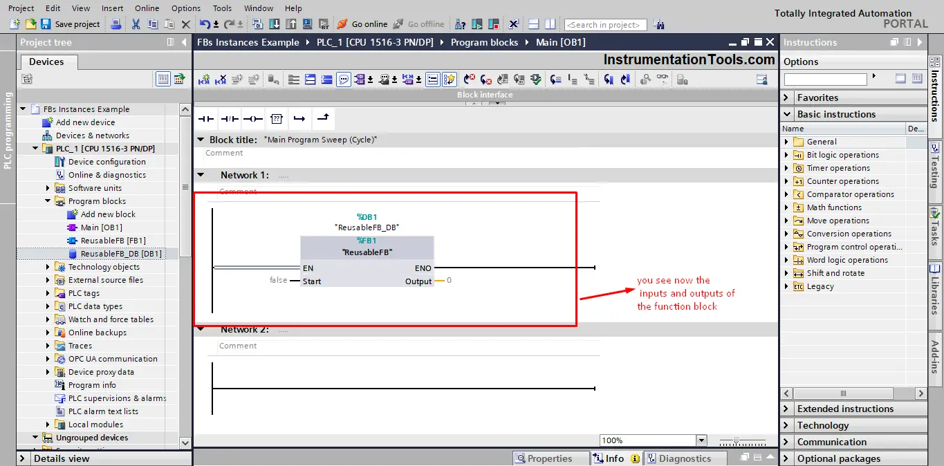 PLC Inputs and outputs are now associated with the FB call