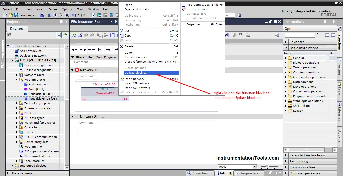 Siemens Tia Portal - Updating the FB call