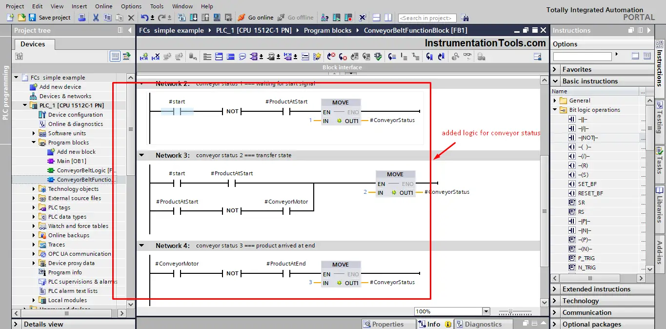 conveyor status logic in Siemens PLC