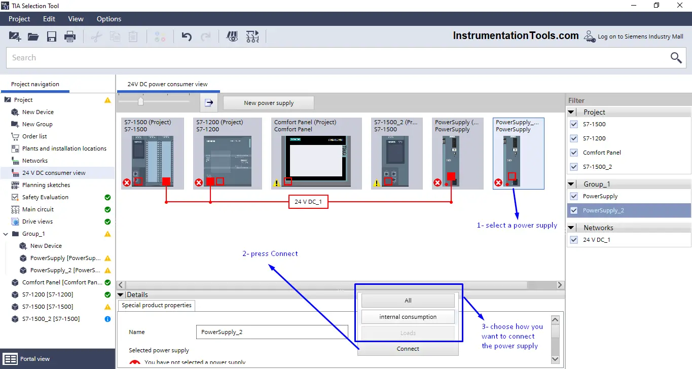 Connect the power supply to the devices in PLC