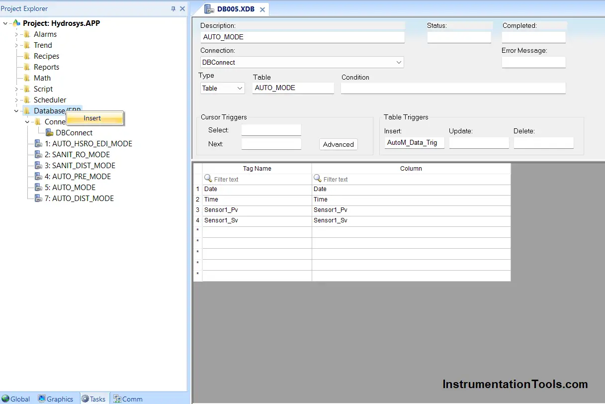 create database table in SCADA software