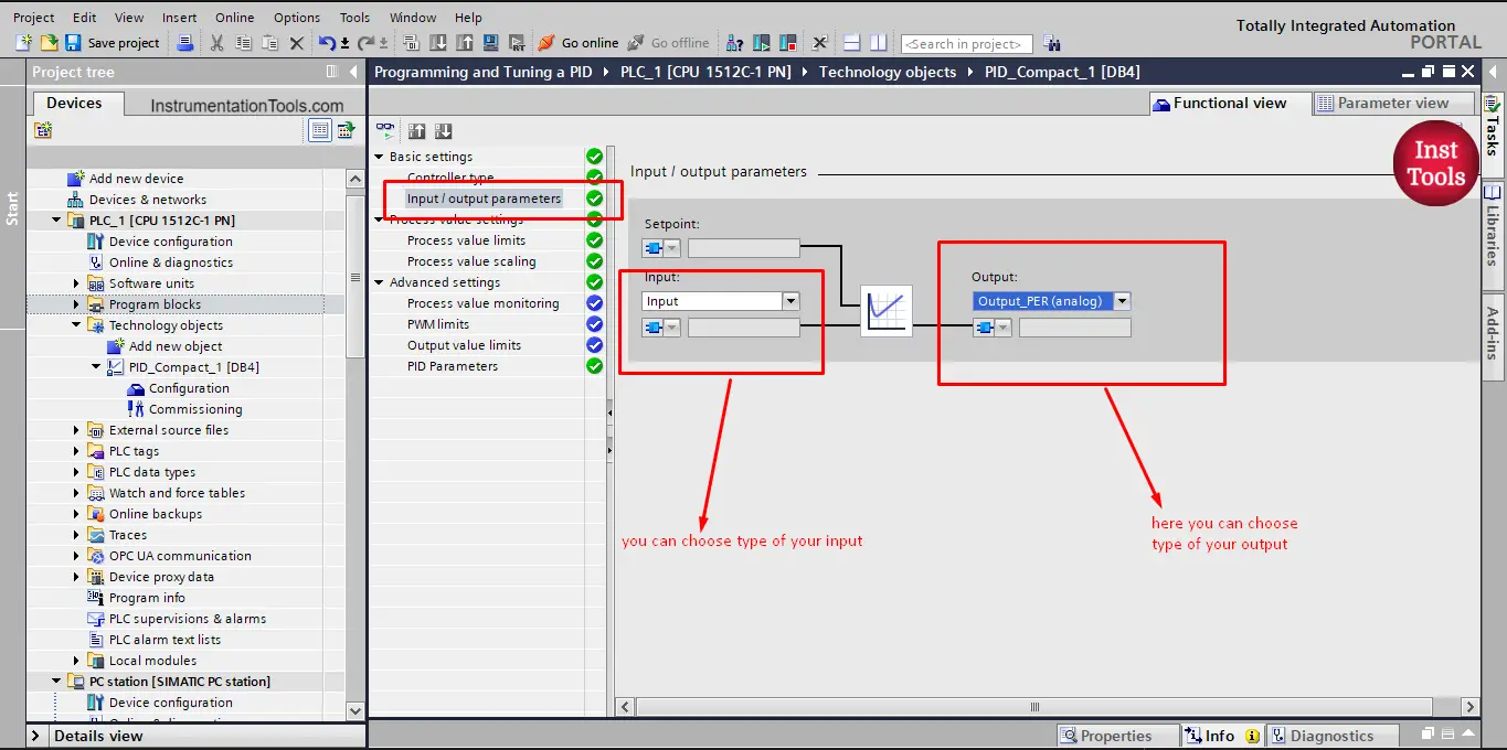 PID Input output parameters