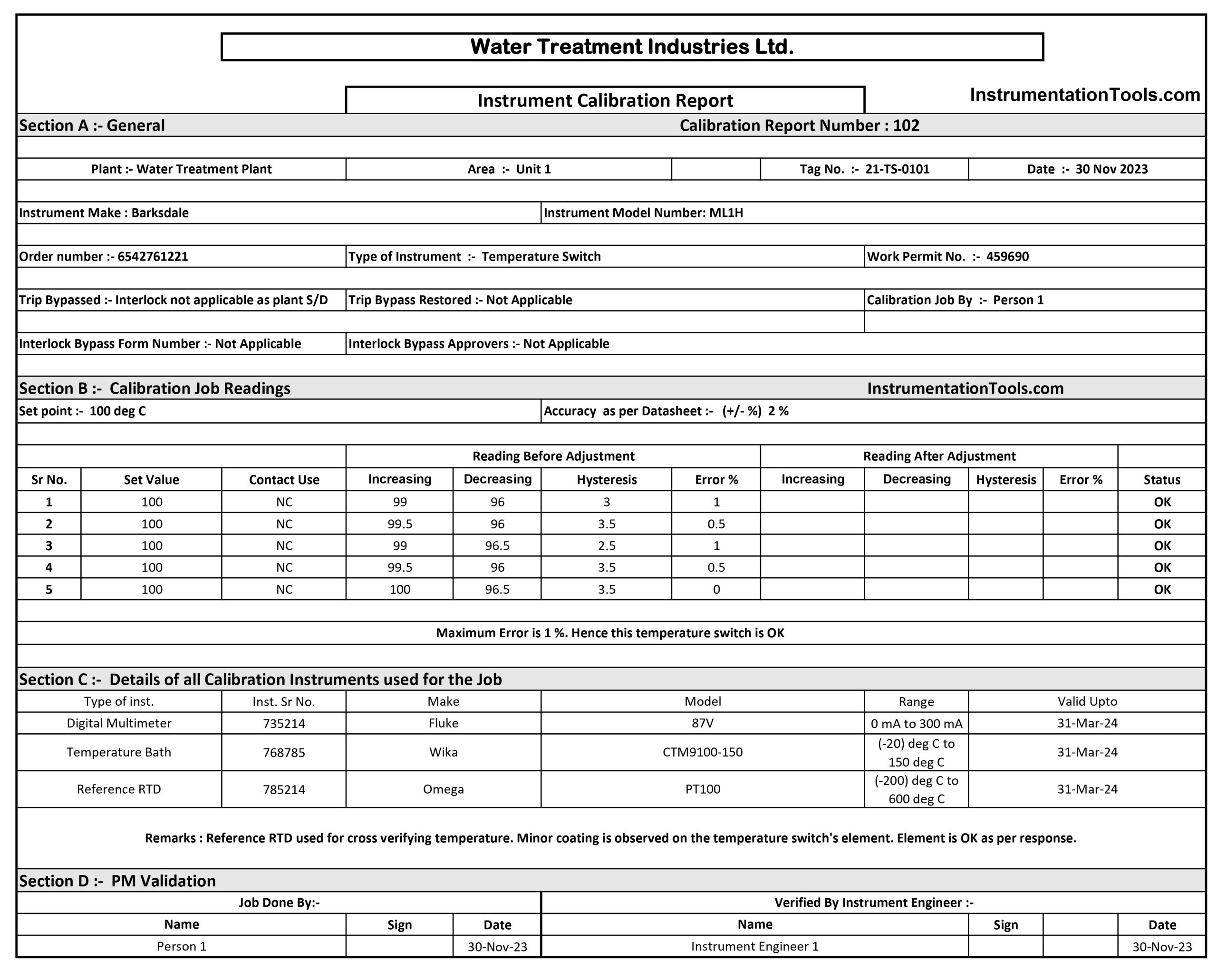 Temperature Switch Calibration Record