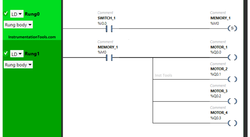 Ladder Diagram Example using Memory Bits and Set Coils