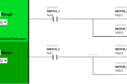 PLC Program with 2 Toggle Switches and 4 Motors