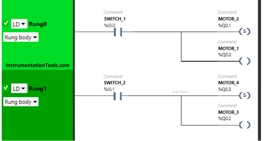 PLC Program with 2 Toggle Switches and 4 Motors