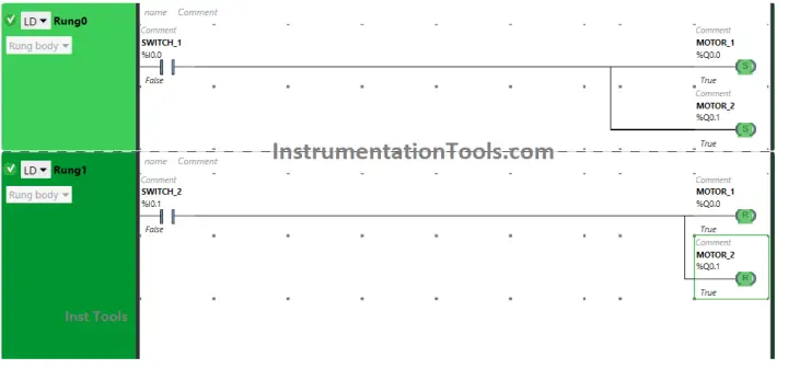 PLC Ladder Logic Example based on Set Coil and Reset Coil